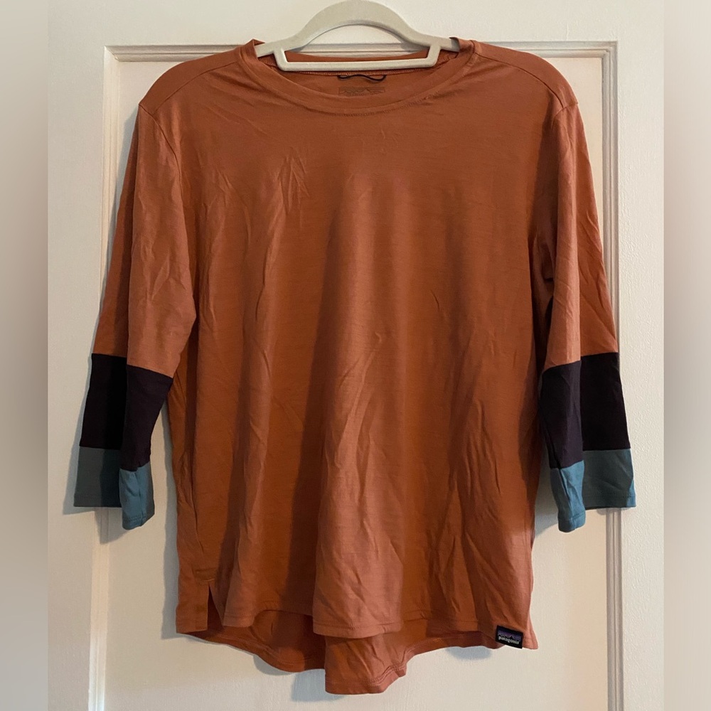 Patagonia Women's Merino Wool Blend Striped 3/4 Sleeve Top Orange Rust Sz Large
